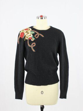 Vintage 90's HERMAN GEIST Blac Blue Knit Hand Embroidered Floral Sweater, Size S